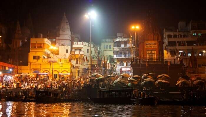 Sitting at Dashashwamedh Ghat at night is one of the best things to do in Varanasi