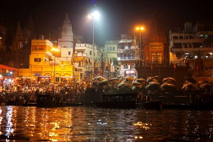 Sitting at Dashashwamedh Ghat at night is one of the best things to do in Varanasi