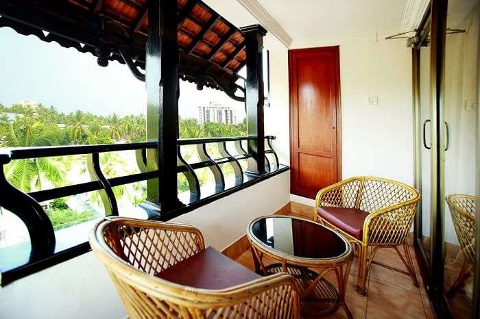 A balcony sitting area at the Westin Hotel in Calicut