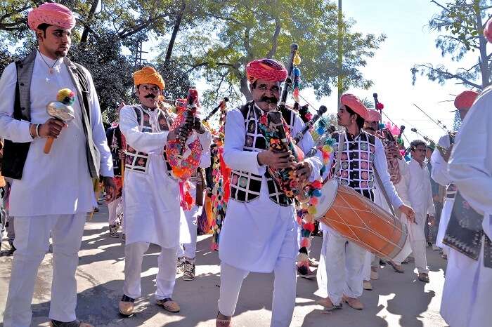 Musicians and other performers performing at the Winter Festival in Mount Abu
