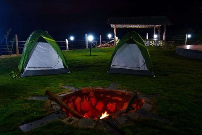 A night shot of a beautiful camp resort in Kanakpura