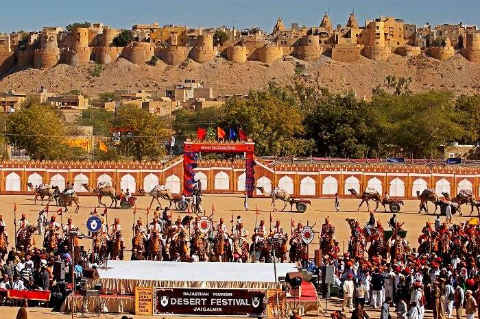 Participants and viewers at the fair arena during the Desert Festival in Rajasthan