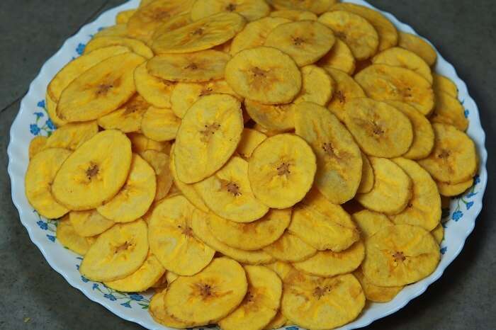 A plate full of banana chips that are among the popular things to buy in Kerala
