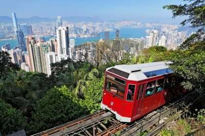 Tourists riding the famous Victoria Tram in Hong Kong
