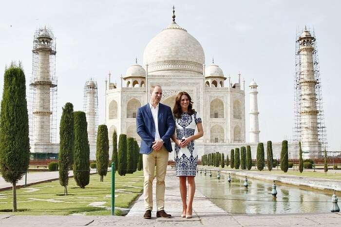 Britain's Prince William and his wife Catherine pose at the Taj Mahal in Agra