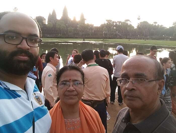Avijit clicks a selfie with his parents in Cambodia