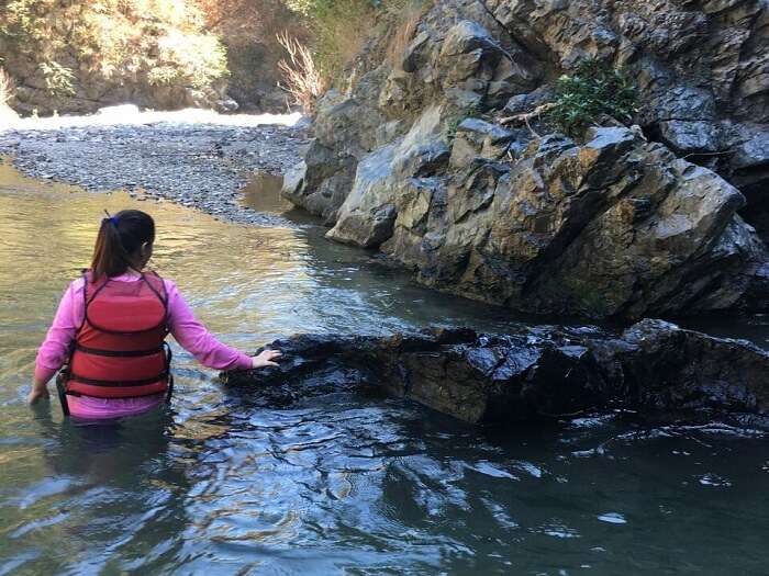 Tanisha in the water while cliff jumping