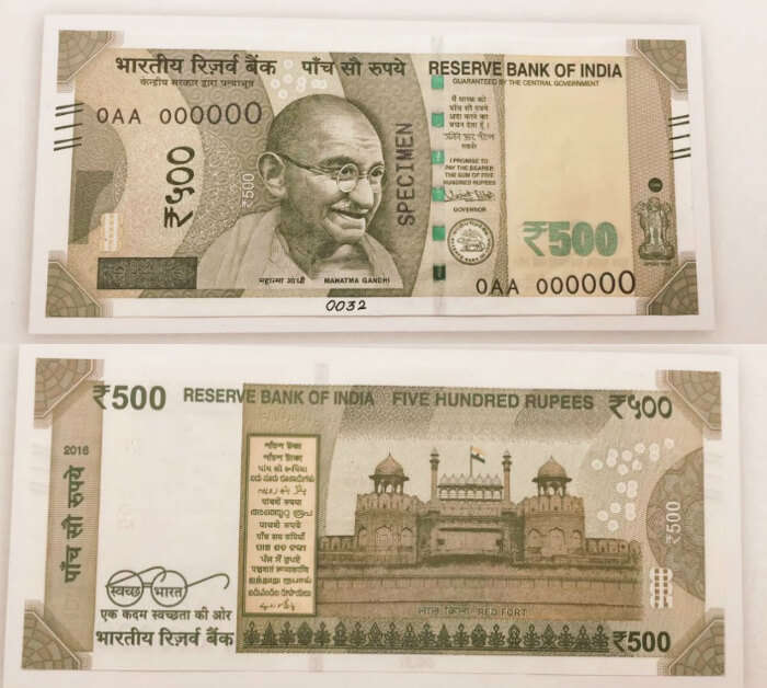 The front and back side of the new INR 500 note