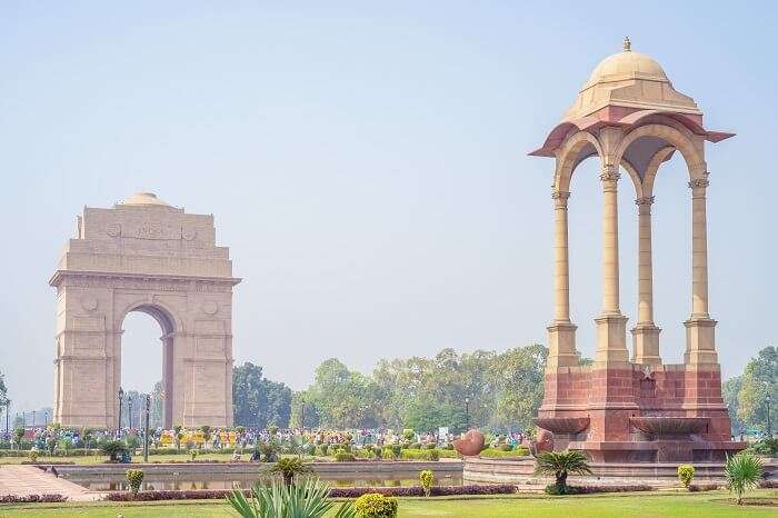 A snap of the India Gate and the canopy behind it on Rajpath