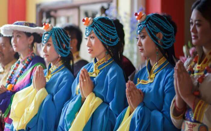 Women celebrating Tibetan new year in traditional attire