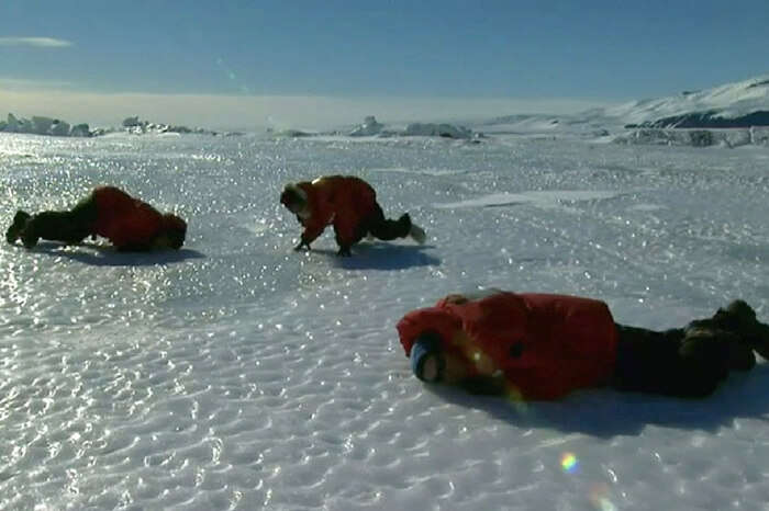 Inhabitants at research station in Antarctica enjoying fun moments in a scene from the documentary Encounters at the End of the World