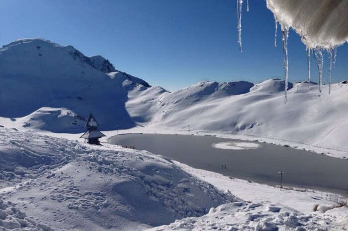 A view of frozen Prashar Lake in winter