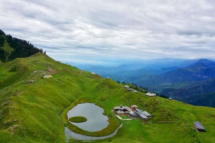An aerial view of Prashar Lake and the adjoining campsite