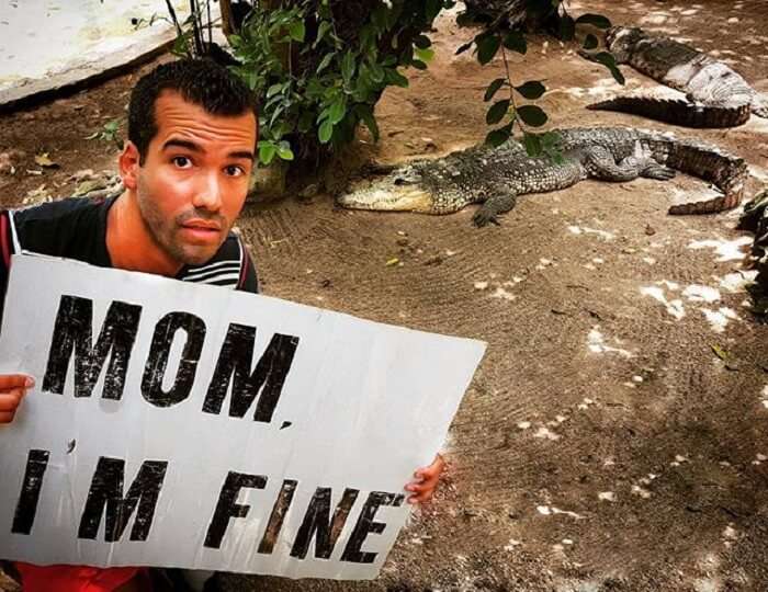 Jonathan Quiñonez and a crocodile in Mexico