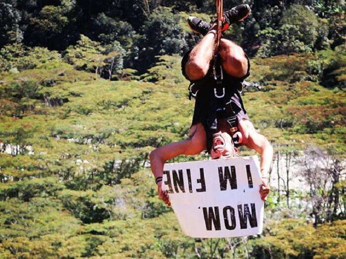 Jonathan Quiñonez ziplining in Peru upsidedown