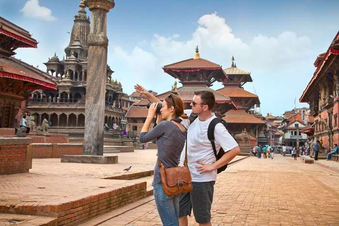 Beautiful young couple at Durbar Sqaure in Patan