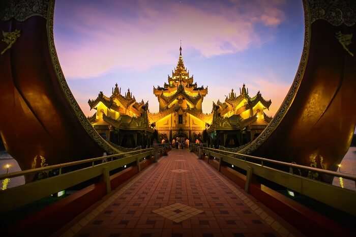 The pathway leading to the Karaweik palace at Yangon in Myanmar