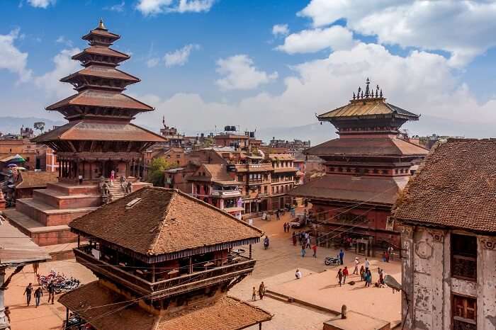 An aerial shot of the UNESCO World Heritage Site of Bakhtapur in the Kathmandu Valley in Nepal