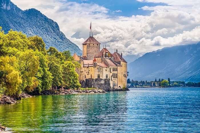 Beautiful view of famous Chateau de Chillon at Lake Geneva in Switzerland