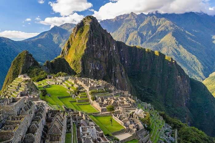 An aerial view of the ruins of Machu Picchu in Peru