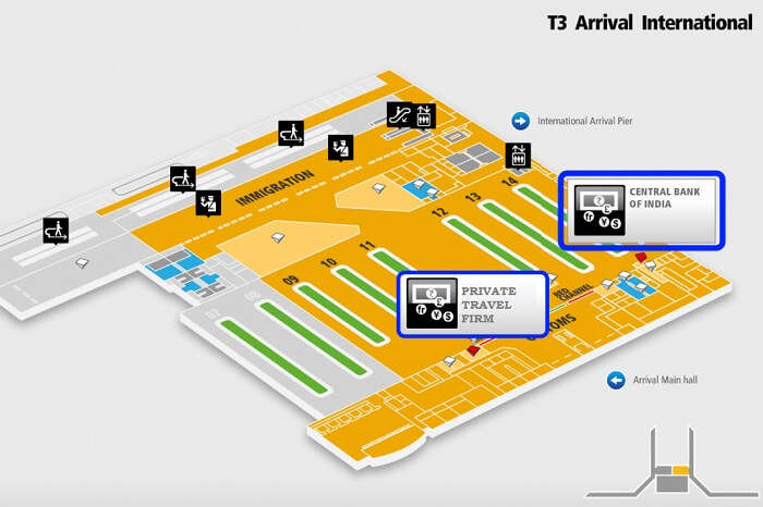 A schematic of the T3 of the Delhi airport and the forex counters there