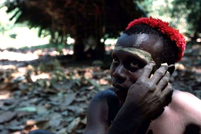 A member of Jarawa tribe poses for a photograph