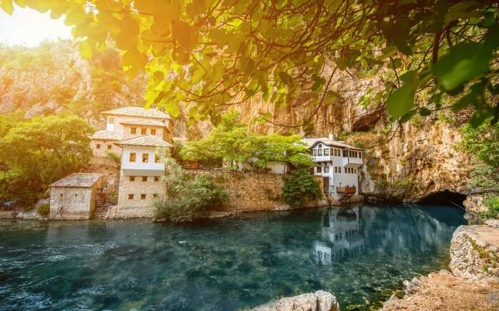 Small village Blagaj on Buna spring and waterfall in Bosnia and Herzegovina 