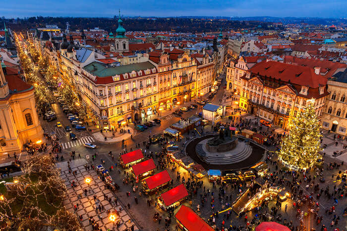 Top view of Christmas market in Prague