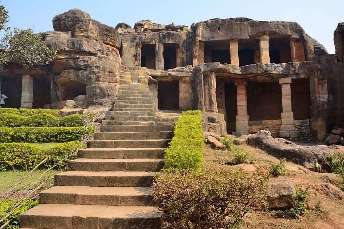 The fleet of stairs leading to the caves of Udayagiri and Khandagiri in Orissa