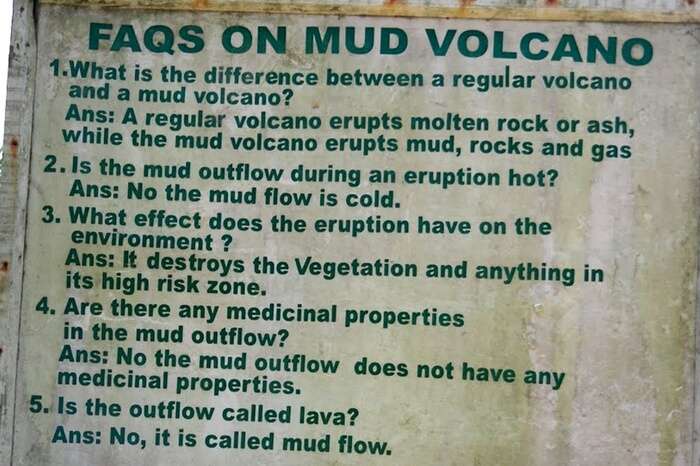 Board with FAQs on mud volcanoes