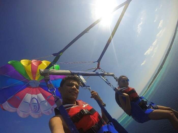 Nisarg and his wife parasailing in Maldives
