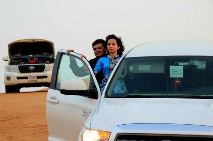 Parag and his wife take part in dune bashing in Dubai