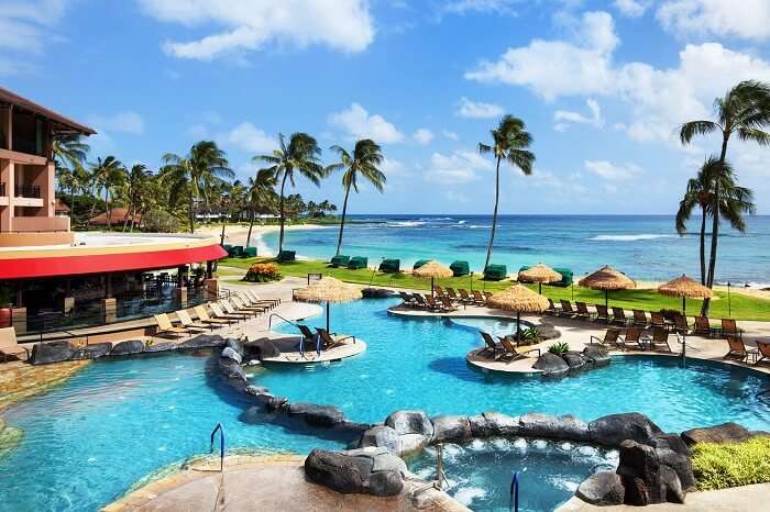 A shot of the ocean facing swimming pool at the Sheraton Resort on Kauai island in Hawaii