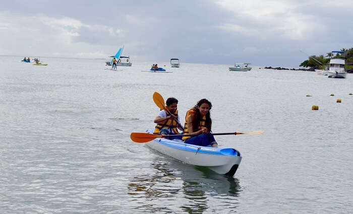 Couple enjoying kayaking in Mauritius