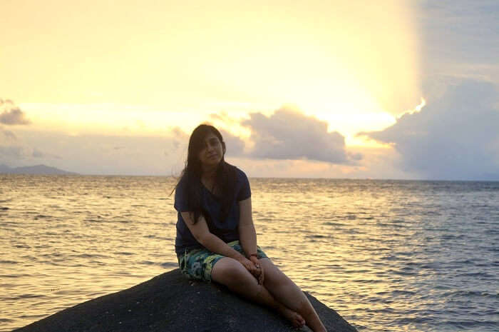 Keshavs wife at a beach in Seychelles