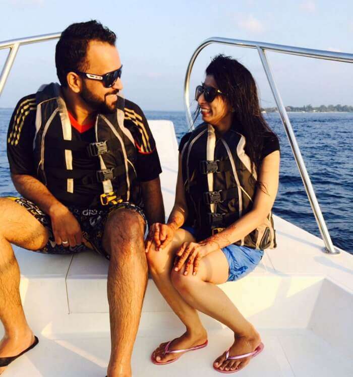 Mubashir and his wife on the sunset cruise in Maldives