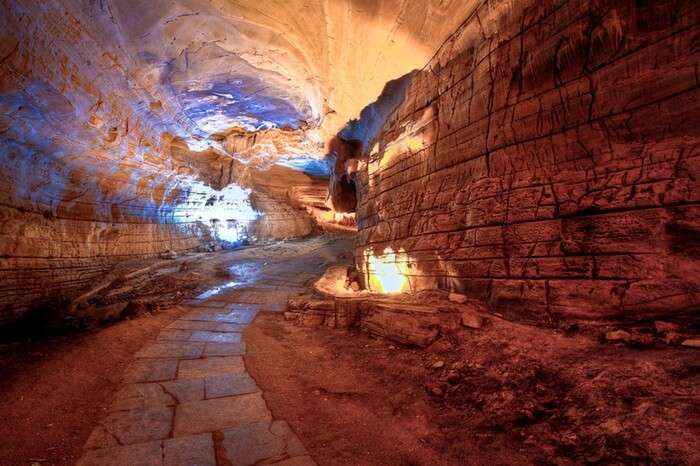 Well lit interiors of Belum Caves in Andhra Pradesh