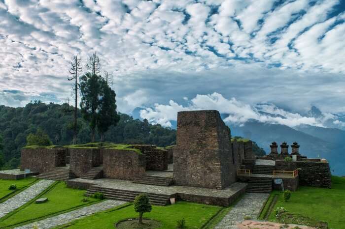 The rustic ruins of Rabdentse in Sikkim overlooked by Kenchenjunga