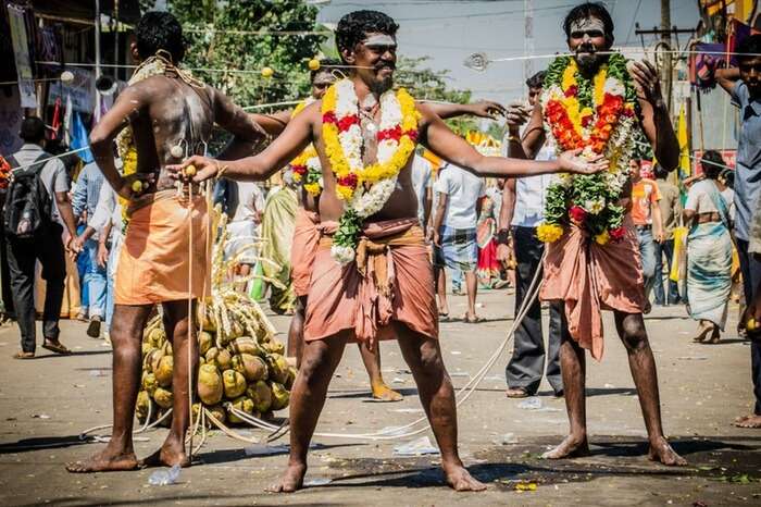 Devotees with pierced mouth during Thaipoosam festival in Tamil Nadu