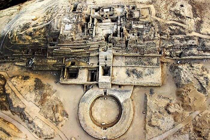 An aerial view of the ruins of the lost city of Caral in Peru