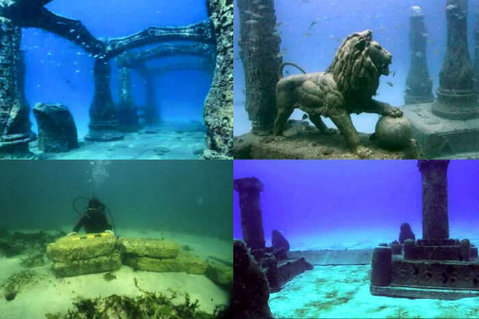 A collage showing scenes from the submerged ancient city of Dwarka in Gujarat