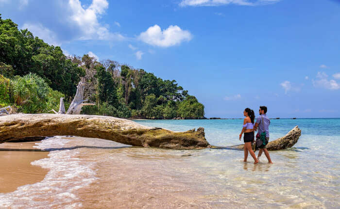 Couple walking on the sea shore in Andamans
