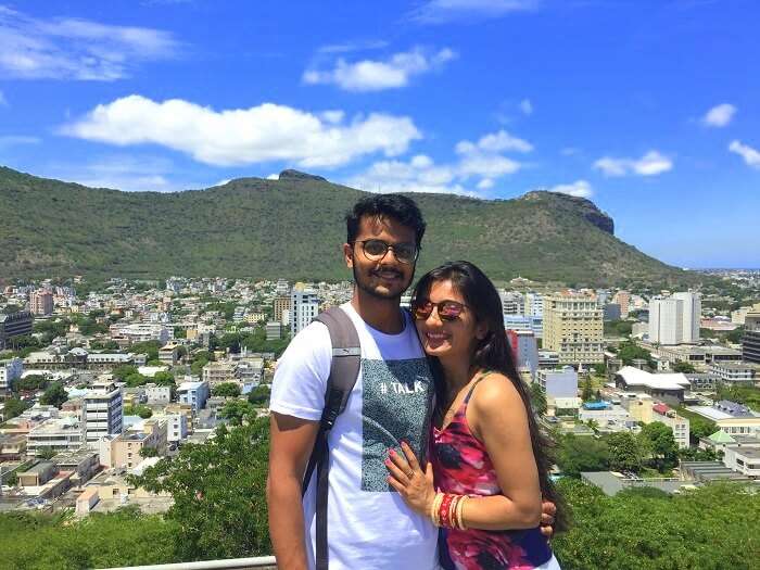 Malay and his wife click a picture in Port Louis