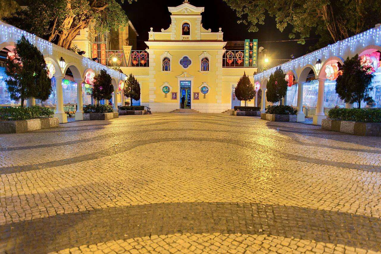 Chapel of St Francis Xavier church decorated with lights at night