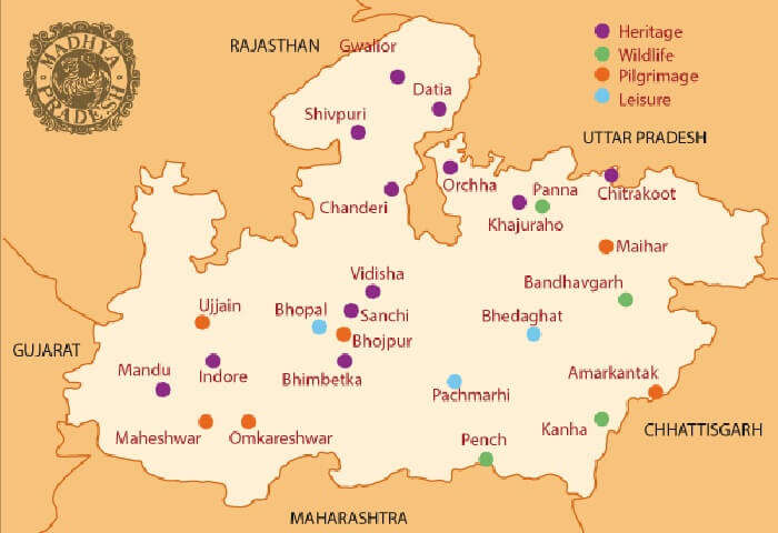 A map showing the highlights of the MP tourism