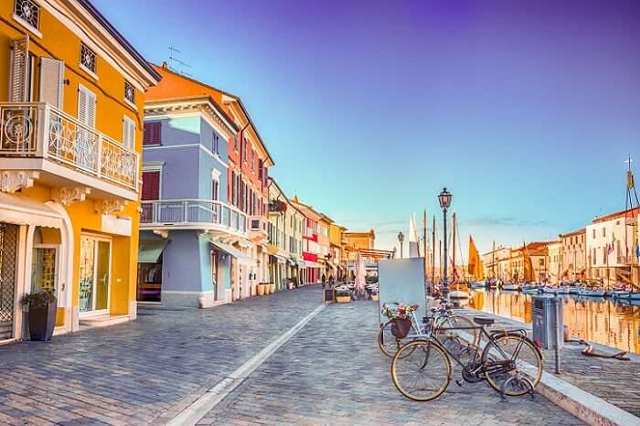 Ancient houses on Leonardesque Canal Port in Cesenatico in Emilia Romagna in Italy