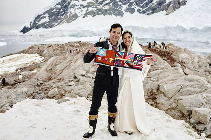 Romantic couple getting married in Antarctica