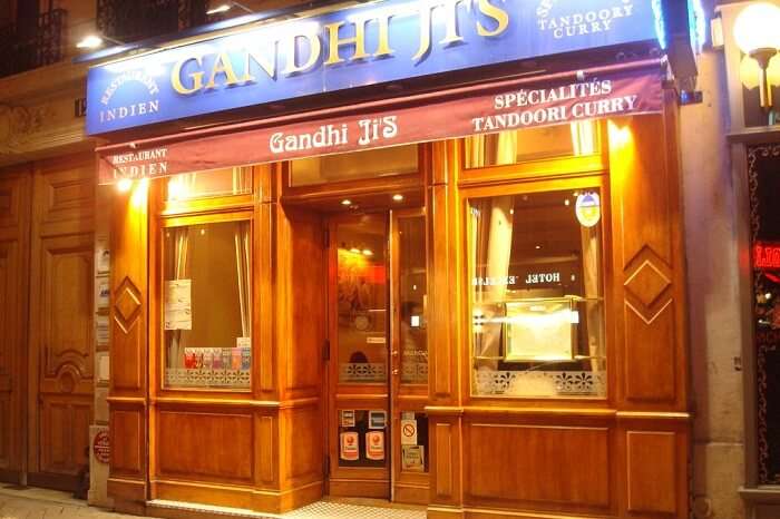 Entrance of Gandhi Ji restaurant that is one of the Indian restaurants near Eiffel Tower in Paris