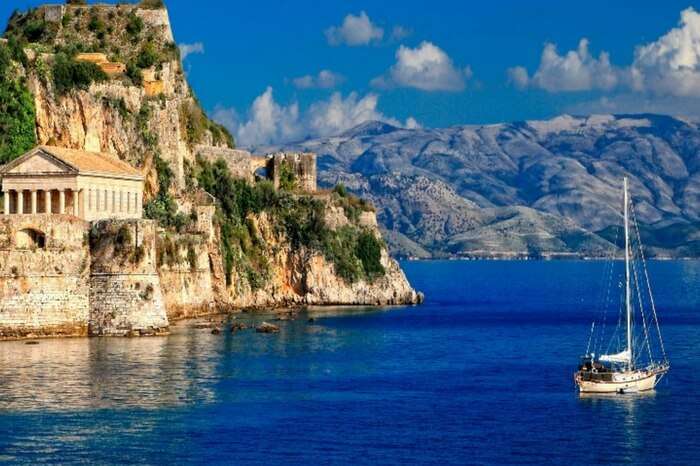 A ship crossing the sea near Corfu in Greece