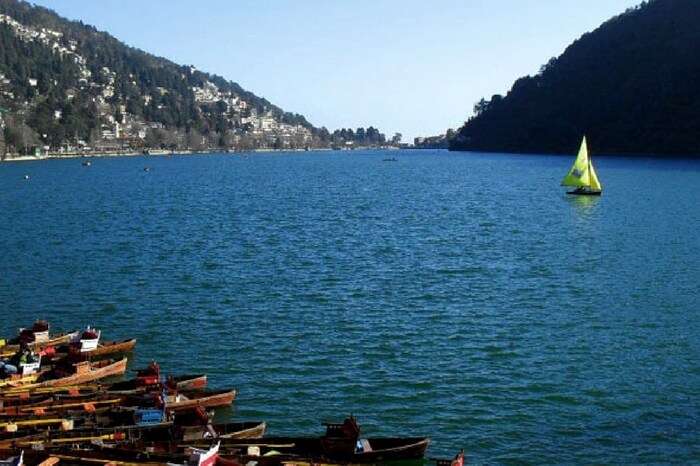 Boats standing on the shore of Mussoorie Lake